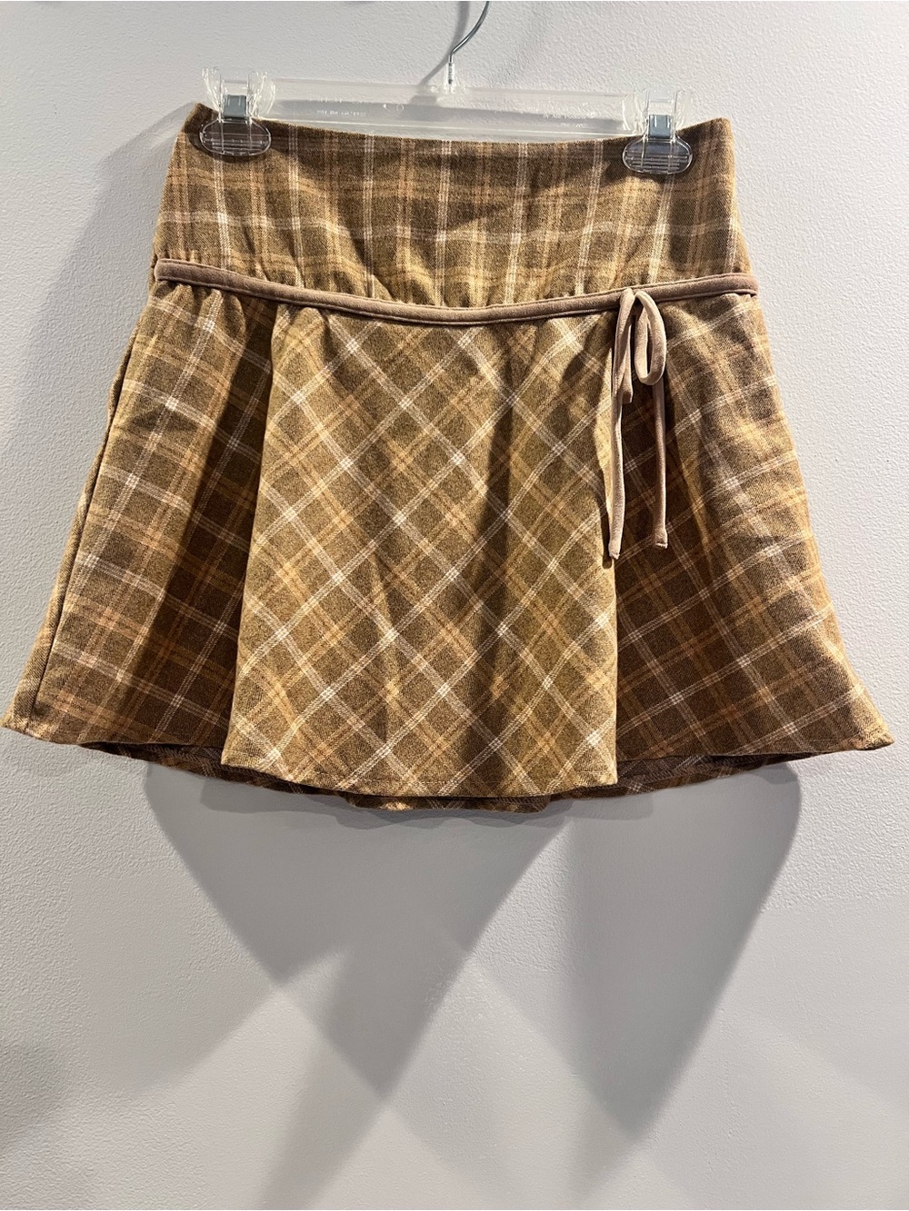 Plaid Circle Skirt with Side Tie in Brown Plaid
